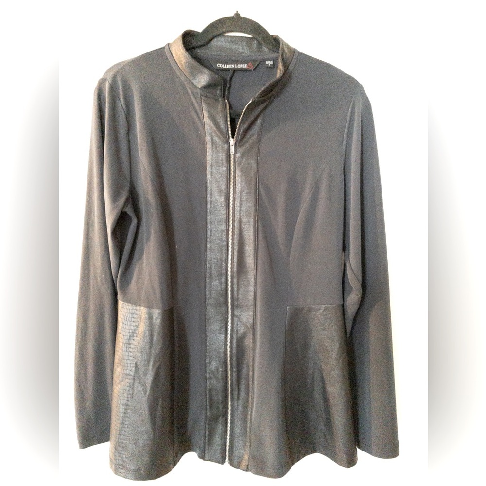 Colleen Lopez Black Lightweight Jacket SZ S Faux Leather Zip Flare Hem